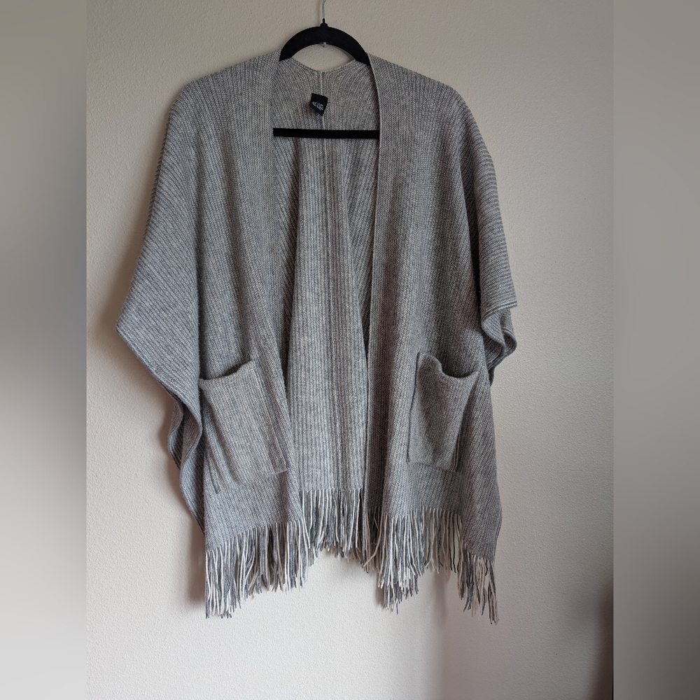 Gray Fringe Open-Front Sweater One Size